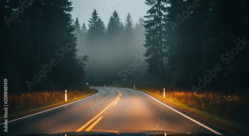 Curving forest road with fog and yellow hazard lights