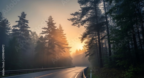 Curving forest road with pine trees and sunrise mist