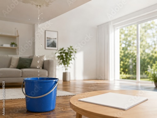 Filtración de agua en una casa con cubo en el suelo y muebles alrededor