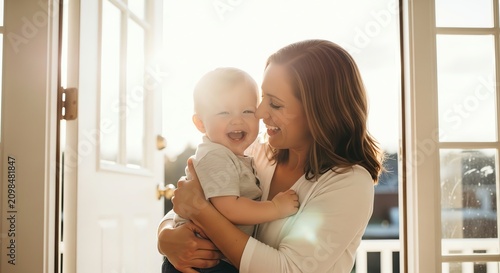 Joyful baby held by mother near open doorway with sunlight