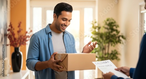 Man receiving cardboard package and delivery paper indoors