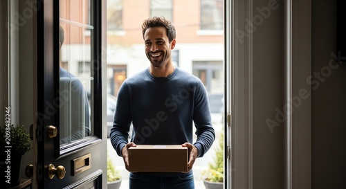 Man smiles holding package by open doorway with potted plant