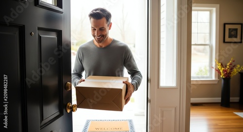 Man smiling holding package at doorway with welcome mat