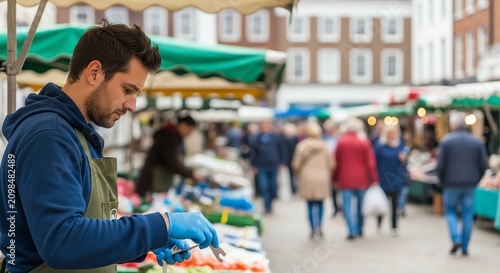 Man with blue gloves prepares produce at outdoor market stall