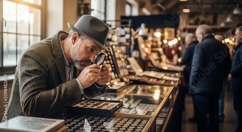 Man with magnifying glass examines coins in display case