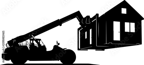 House demolition, excavator lifting house, construction silhouette, black vector icon, destruction, renovation concept