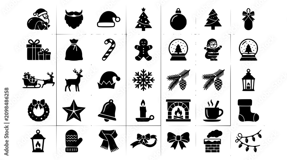 Obraz premium Christmas Holiday Black Icon Collection with Santa Tree Gifts and Winter Symbols