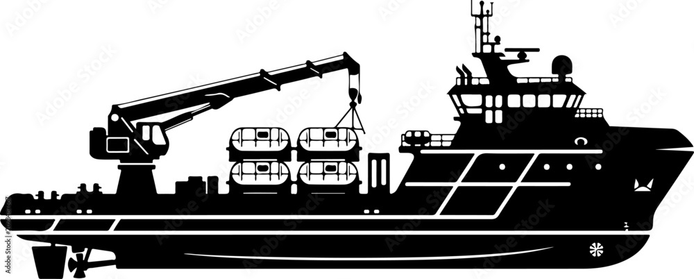Obraz premium Cargo ship, container vessel, industrial boat, black silhouette, vector illustration