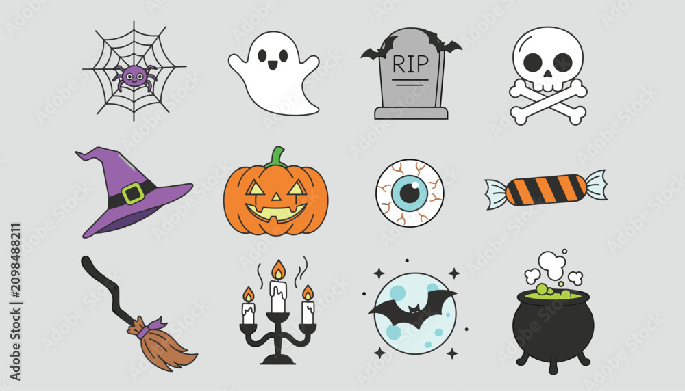 Obraz premium Halloween element collection featuring cute icons like a ghost, spider web, pumpkin lantern, witch hat, skull, and bat.