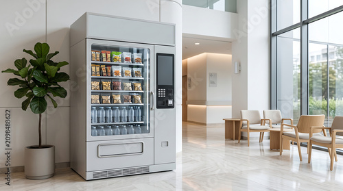 Modern vending machine stocked with snacks and drinks in a bright lobby
