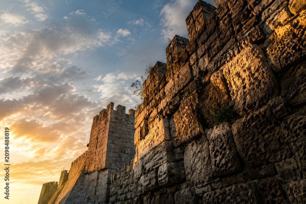 Fototapeta premium Ancient Stone Fortress Wall with Rough Blocks Glows in Dramatic Golden Hour Architectural Light Photography
