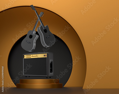 Set of acoustic guitars and amplifier floating above podium, minimal graphic style, on pastel colorful background