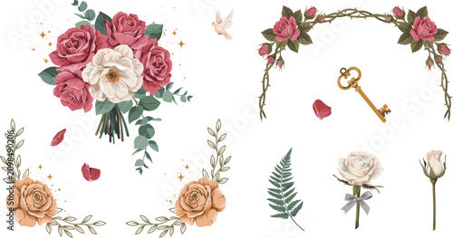 Vintage Elegant Rose Bouquet and Botanical Flower Border Set with Secret Key, Wedding Arches, and Floral Vignettes for Invitation Designs