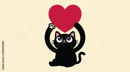 Bild auf Leinwand Cartoon black kitten holding heart aloft.