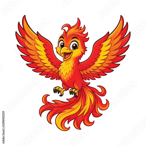 Majestic phoenix bird character flying isolated on white background