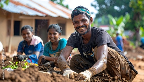 Man and woman working together in soil with plants outdoors