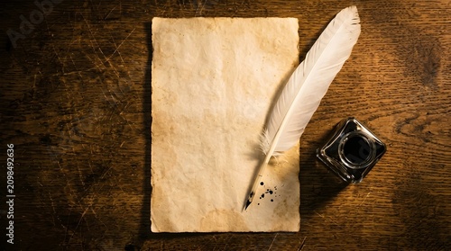 A quill pen and inkwell on a wooden desk with parchment paper