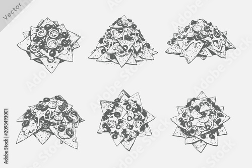 Fényképezés Nachos chips and salsa bowl in vintage engraving style vector illustration