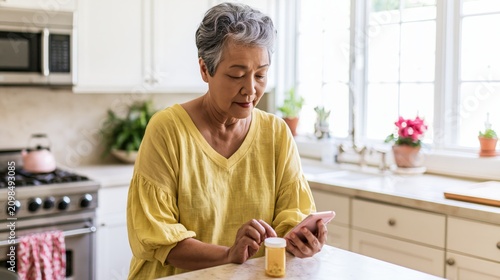 Senior Asian woman checking medication information on smartphone