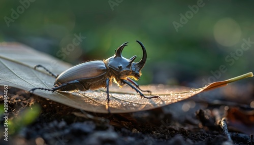 Male rhinoceros beetle on dew-covered leaf in warm morning backlight
