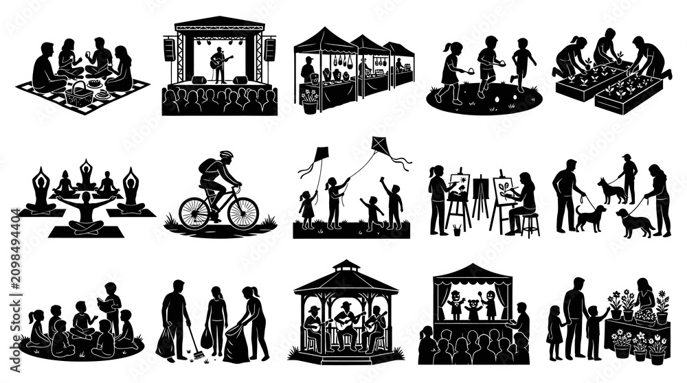 Fototapeta premium Lifestyle Community Recreation Silhouette Glyph Set: People Enjoying Outdoor Activities and Public Events
