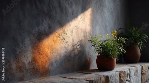 Sunlight Illuminates Potted Plants on a Rustic Stone Shelf Against a Textured Wall Background