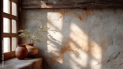 Rustic interior with clay pots and natural light casting shadows on textured wall surface