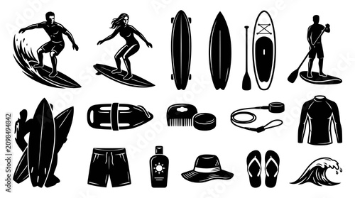 Surfing and Water Sports Icons - Black and White Vector Graphics