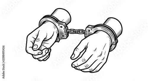 Принти на полотні Handcuffed hands illustration in black and white woodcut style