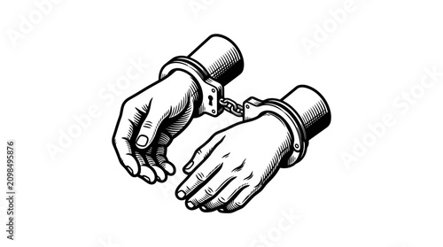 Foto Black and white woodcut illustration of hands restrained in handcuffs