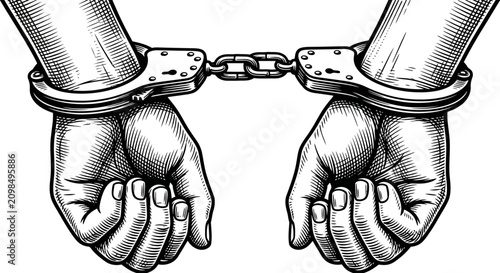 Принти на полотні A woodcut style illustration of hands in handcuffs