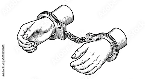 Photos Vintage style engraving of hands bound in metal handcuffs