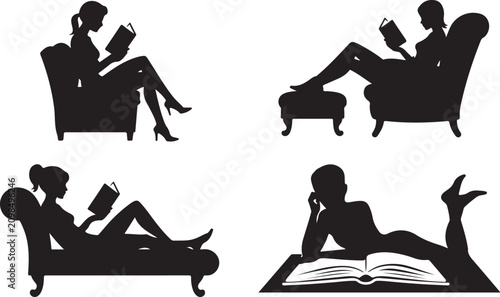 Bild auf Leinwand People reading books in cozy armchairs illustration