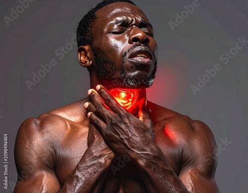 Man feeling pain in throat with red glow indicating discomfort