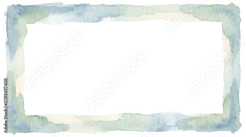 Soft watercolor border with blue and green hues on white background.