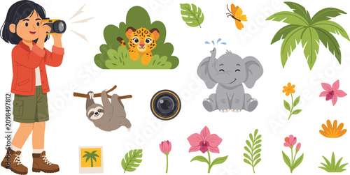 Photography Cute Girl Photographer Taking Photos of Jungle Wildlife Animals with Camera, Bab