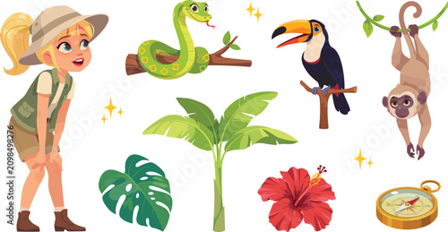 Canvastavla Cute Safari Girl Explorer in Pith Hat Discovering Jungle Wildlife with Monkey, T