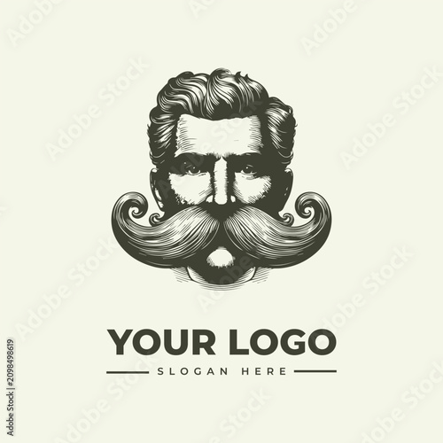 Vintage style logo design featuring a man with a large curly mustache for branding.