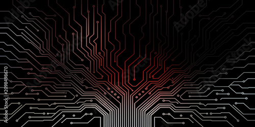 Bild auf Leinwand Circuit board pattern expanding from bottom to top with glowing red and white lines