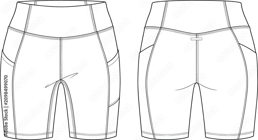 Obraz premium High Waist Biker Shorts Technical Fashion Template with Pockets Front and Back Vector Outline