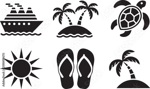Fotografie Vacation themed flat icons set with cruise ship, turtle, flip flops