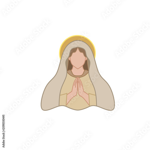 Fényképezés Minimalist flat vector illustration of the Virgin Mary praying with a golden halo