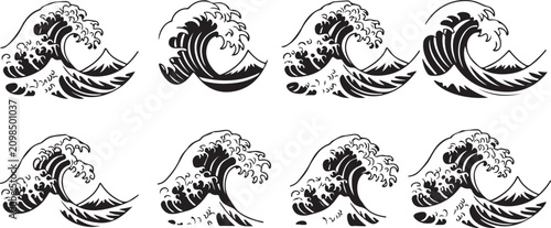 Eight stylized black and white wave illustrations