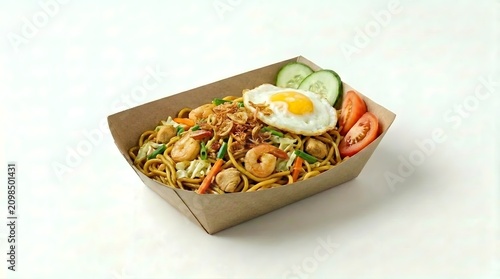 Fried Noodles with Shrimp and Egg in Takeaway Box
