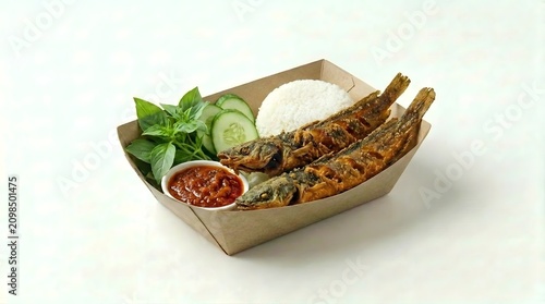 Pecel Lele Fried Catfish with Rice and Sambal in Takeout Box