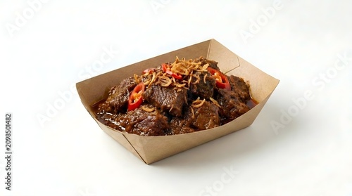 Indonesian Beef Rendang in Takeaway Box with Chili and Shallots