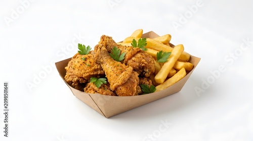 Crispy Fried Chicken and French Fries in Cardboard Tray