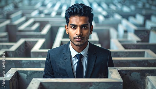 Man in suit navigating complex maze seeking direction and solution