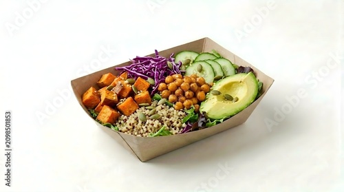 Vegan Buddha Bowl with Avocado and Sweet Potato in Takeout Box