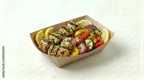 Grilled Chicken Souvlaki and Vegetables in Takeaway Box